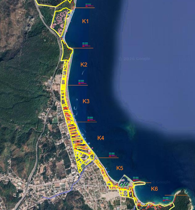 Güney Antalya bölgesinde Beldibi, Göynük, Kemer, Çamyuva ve Tekirova deniz deşarjı için deniz haritaları ve altyapı aplikasyonları
